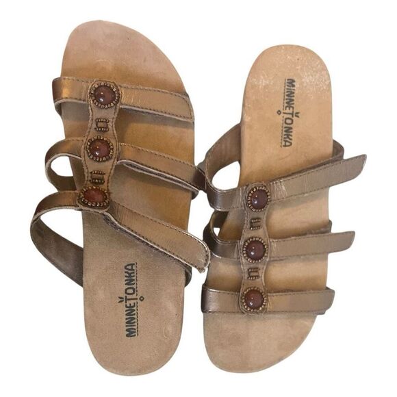 Minnetonka Leather Copper Multi Strap Slip On Casual Sandals Size 8 - Picture 2 of 5